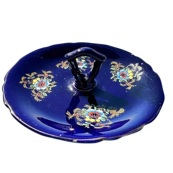 Vintage Cobalt Blue Porcelain Handled Serving Tray - Made in Japan - Picture 2 of 6